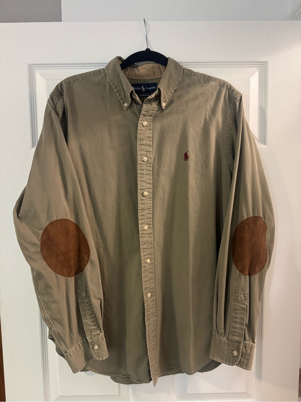 Vintage Ralph Lauren Olive Green Button-Down Shirt with Brown Elbow Patches